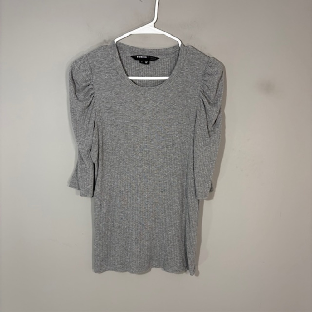 Veronica Beard T-Shirt Womens Small Gray Ribbed Puff 3/4 Sleeve Knit Top